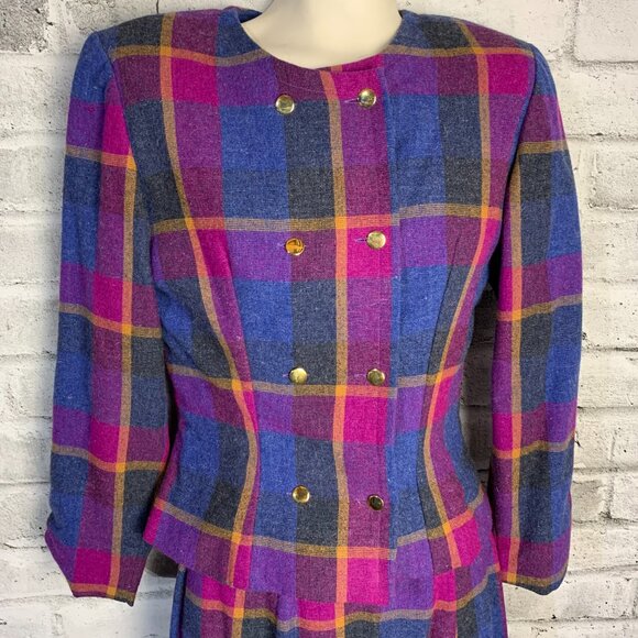 Vintage 80s Plaid Double Breasted Blazer Skirt Set Small Purple Blue Handmade - Picture 2 of 16